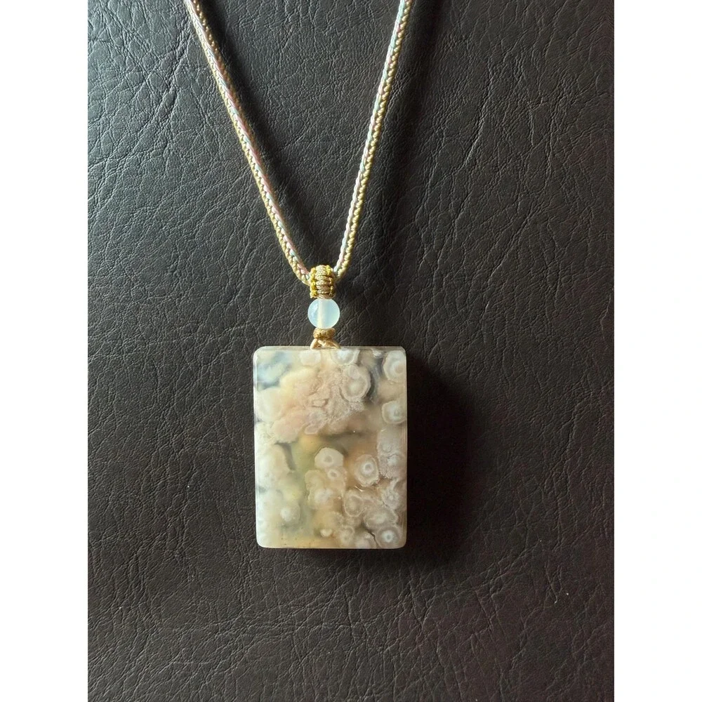 Pink Icy cream untreated Flower Agate Peace Buckle Pendant Necklace Statement